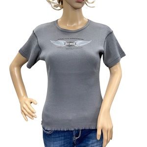 HARLEY-DAVIDSON Grey Vintage Ribbed Short Sleeve Women’s Tee Shirt Size Small